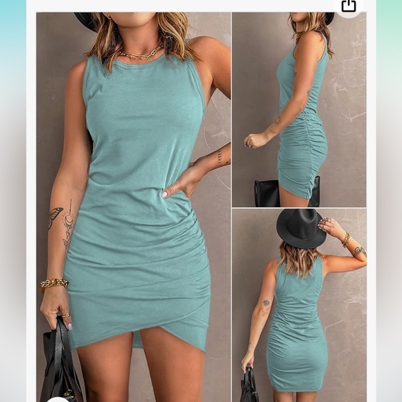 Sleeveless Tank Dresses Crew Neck Slim Fit Short Ruched Bodycon Mini Dress - Picture 2 of 3